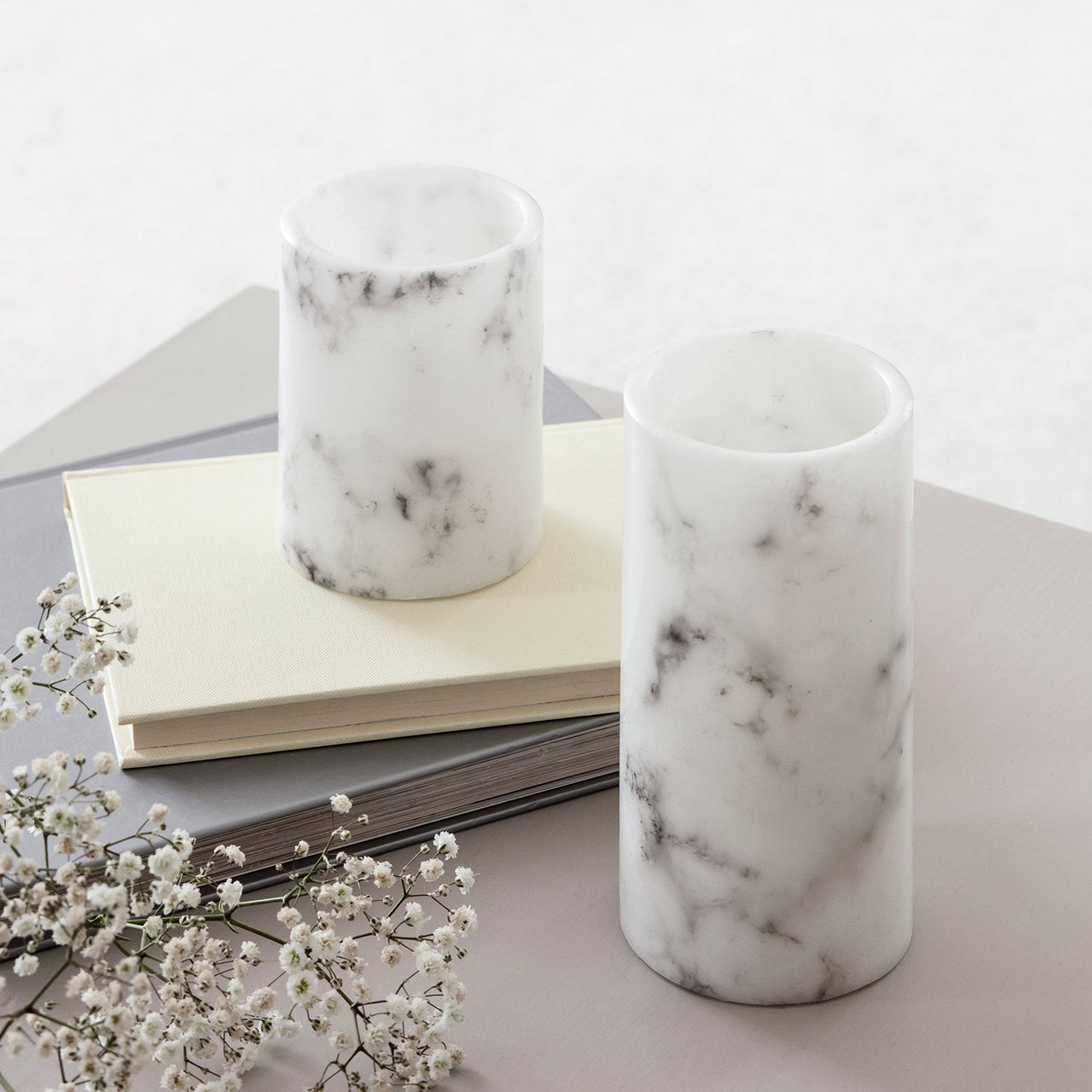 2 Marble Wax LED Pillar Candles