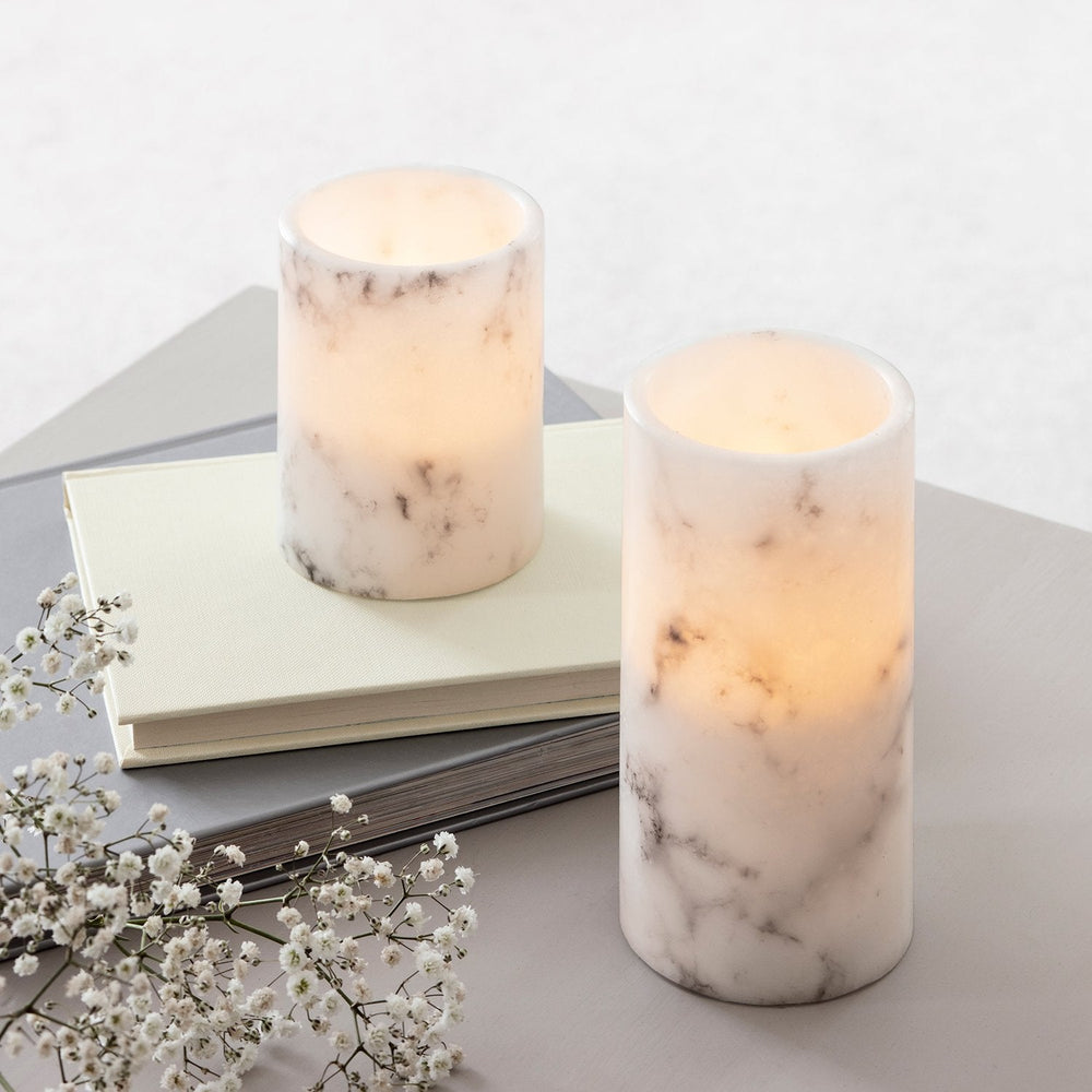 2 Marble Wax LED Pillar Candles