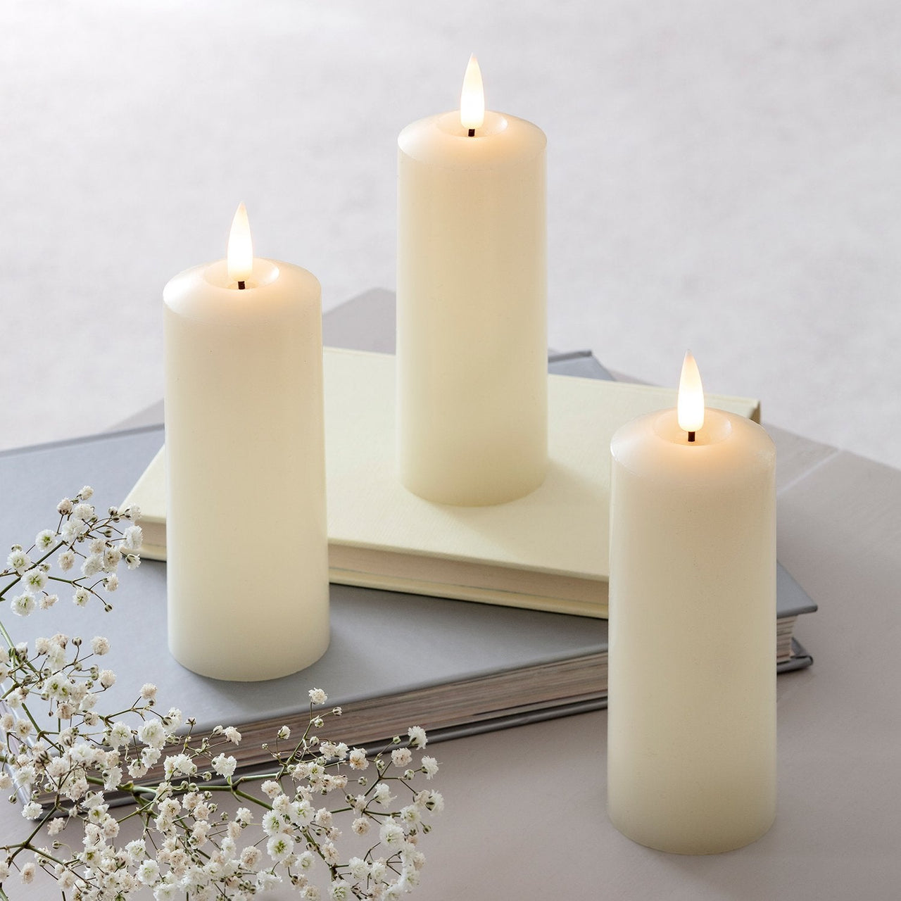 TruGlow® Ivory LED Slim Pillar Candle Trio
