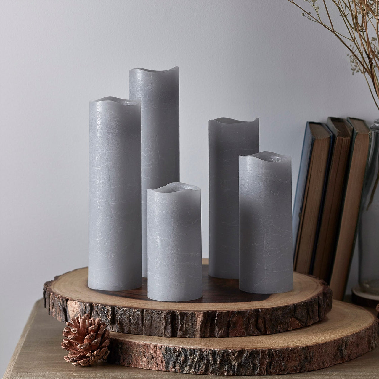 Set of 5 Grey Slim LED Pillar Candles with Remote Control