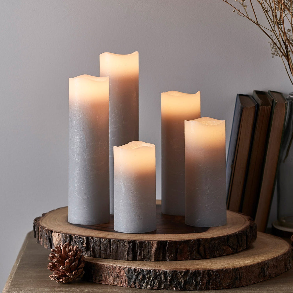 Set of 5 Grey Slim LED Pillar Candles with Remote Control