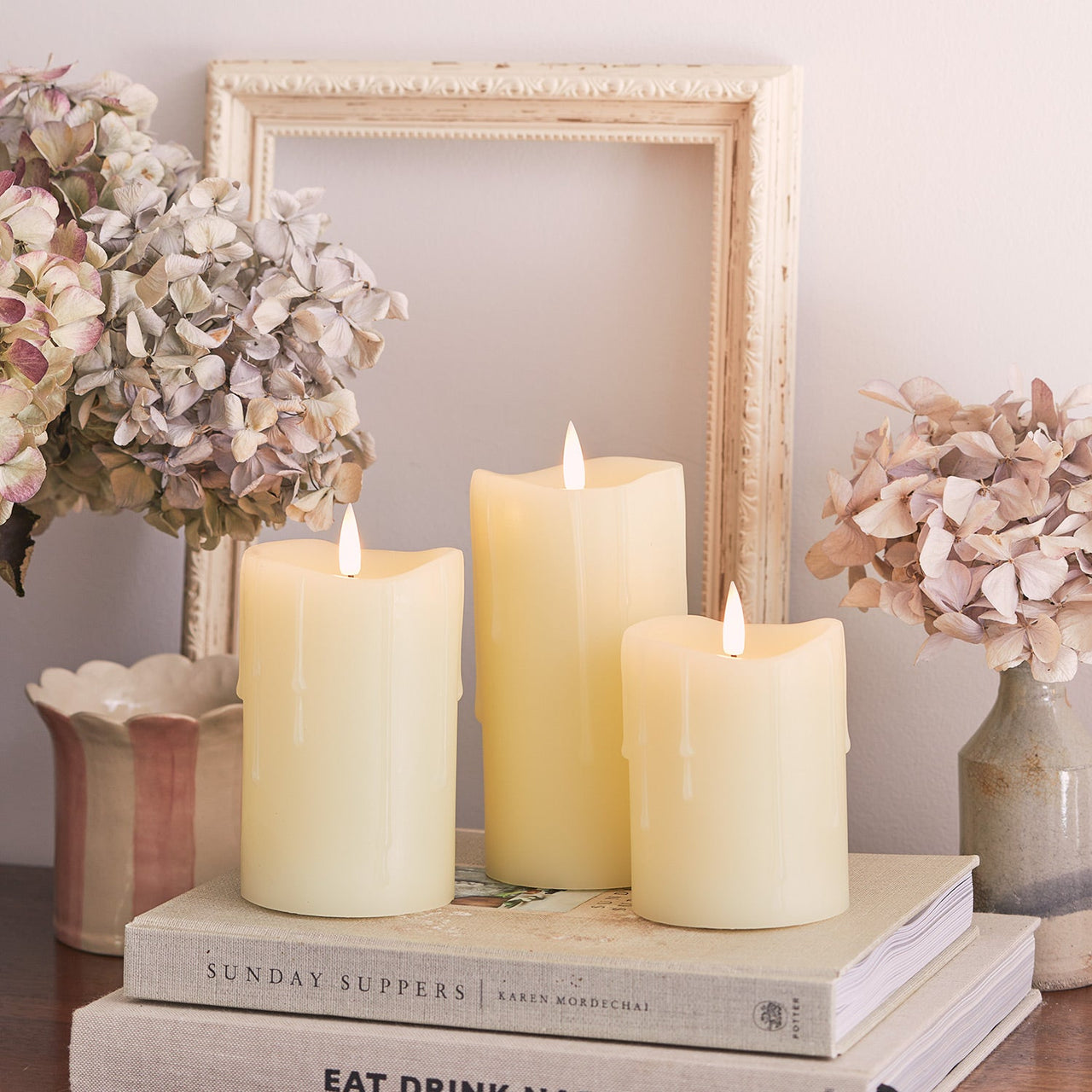 TruGlow® Ivory Dripping Wax LED Pillar Candle Trio With Remote Control