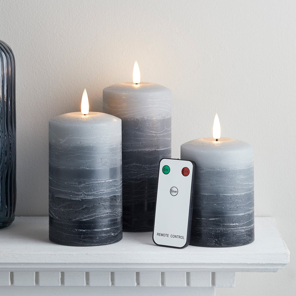 TruGlow® Stacked Grey LED Pillar Candle Trio with Remote Control