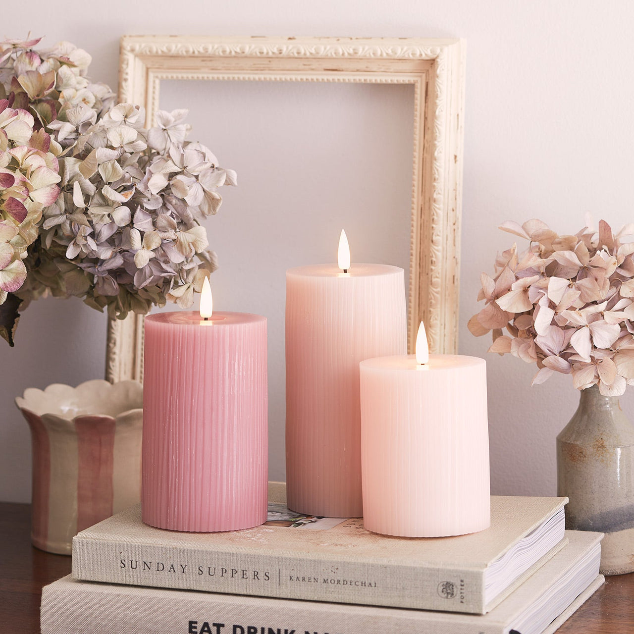 TruGlow® Blush Pink Ribbed LED Pillar Candle Trio