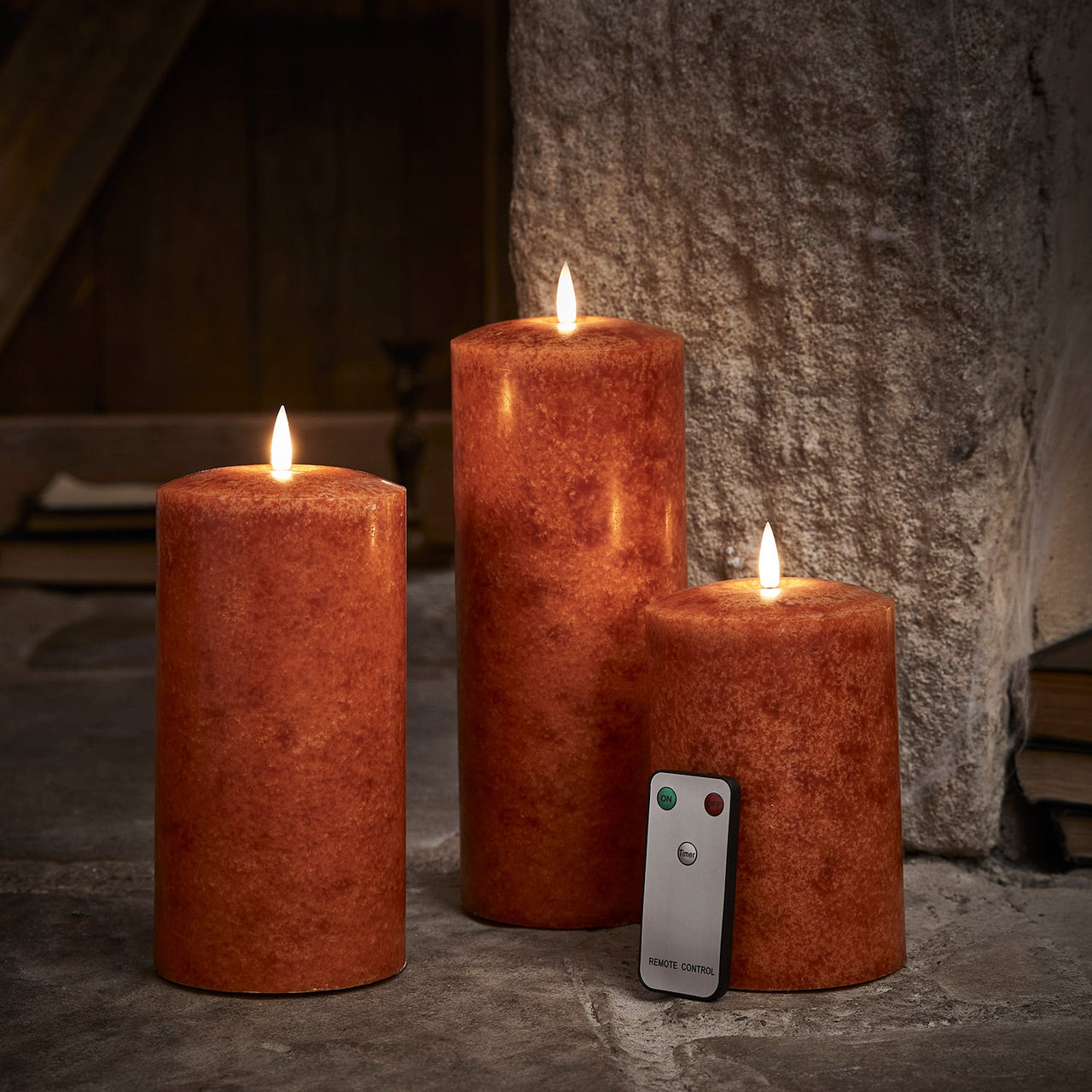 TruGlow® Mottled Orange LED Chapel Candle Trio with Remote Control
