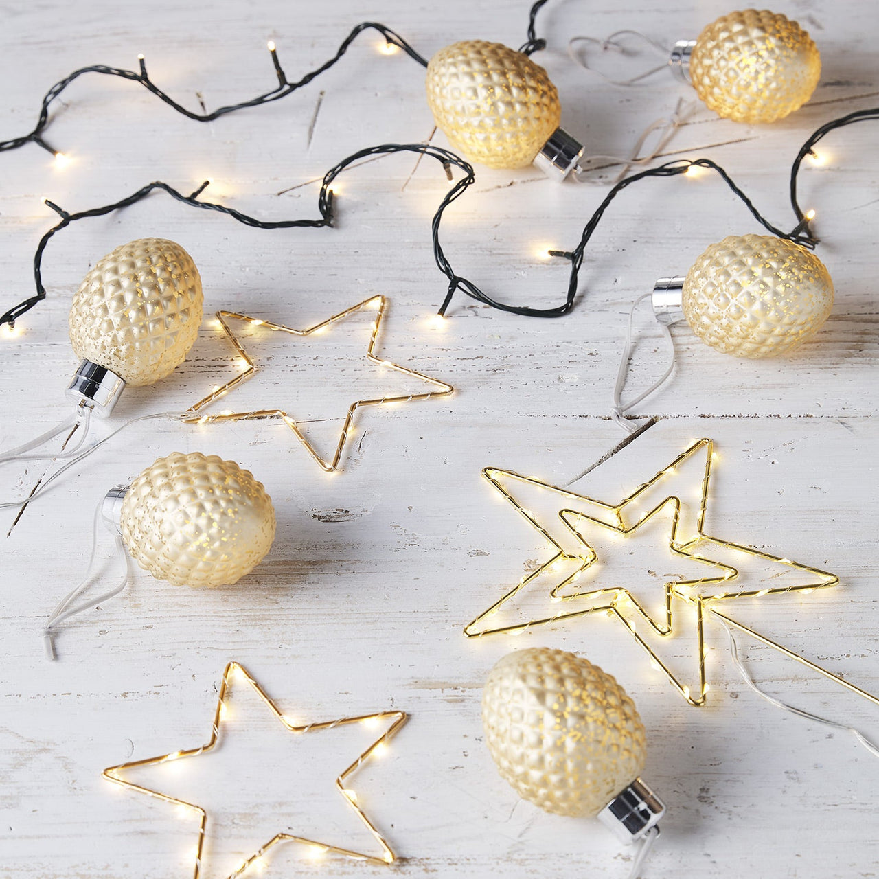 Antique Gold Pinecone Glass LED Christmas Bauble Trio