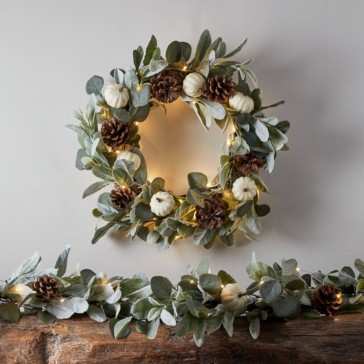 50cm Pumpkin & Pinecone Autumn Wreath Micro Light Bundle