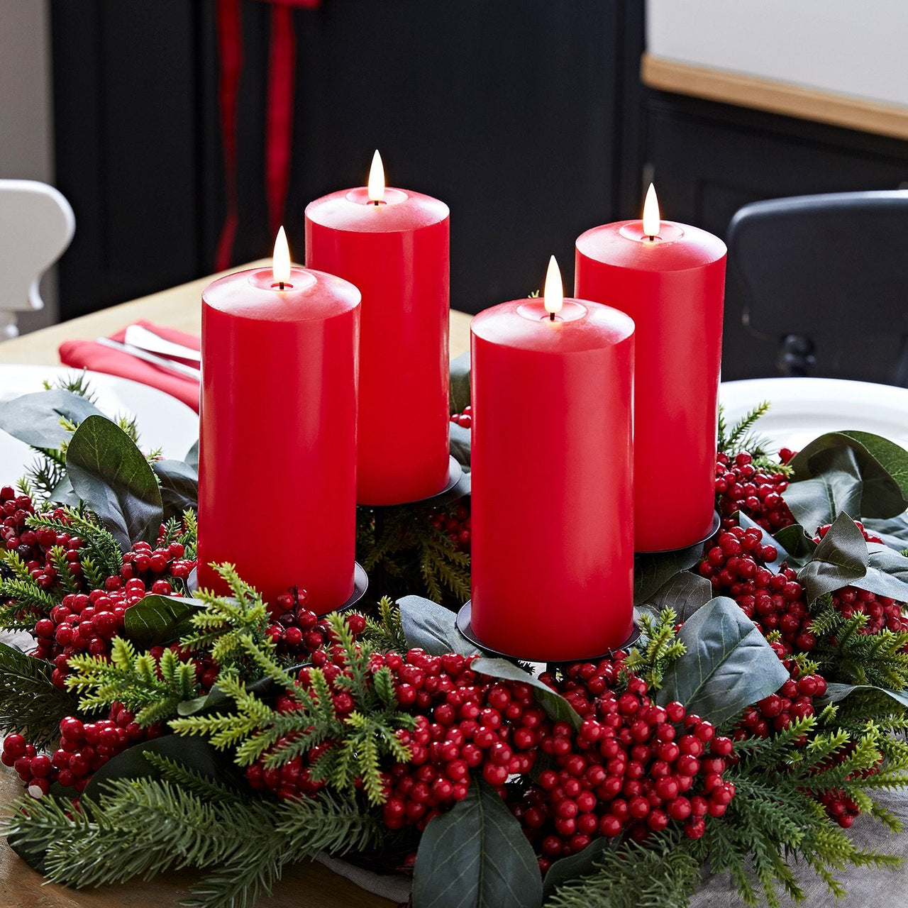 4  TruGlow® Red LED Pillar Candles & Table Candle Holder