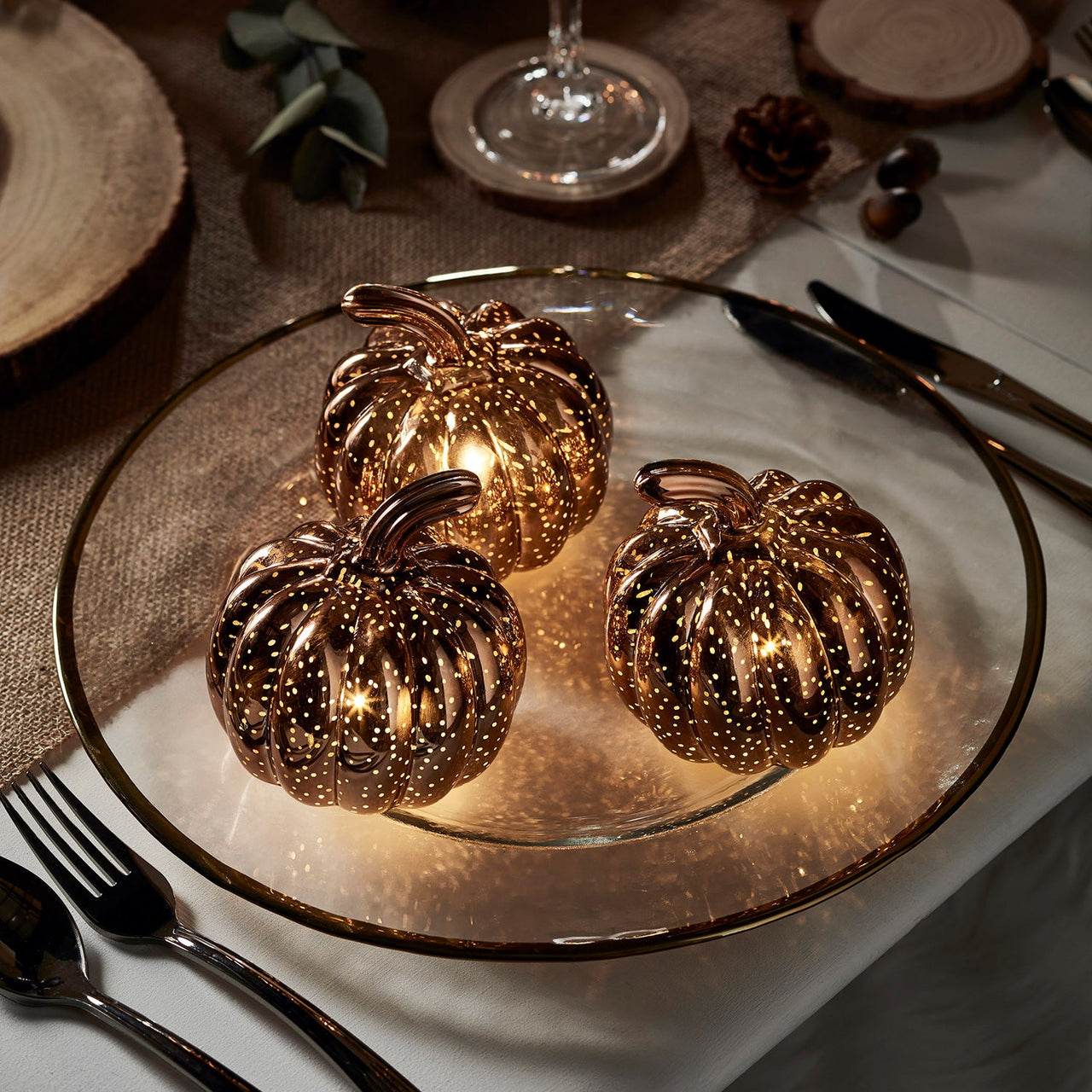 Rose Gold Glass Light Up Pumpkin Decoration Trio