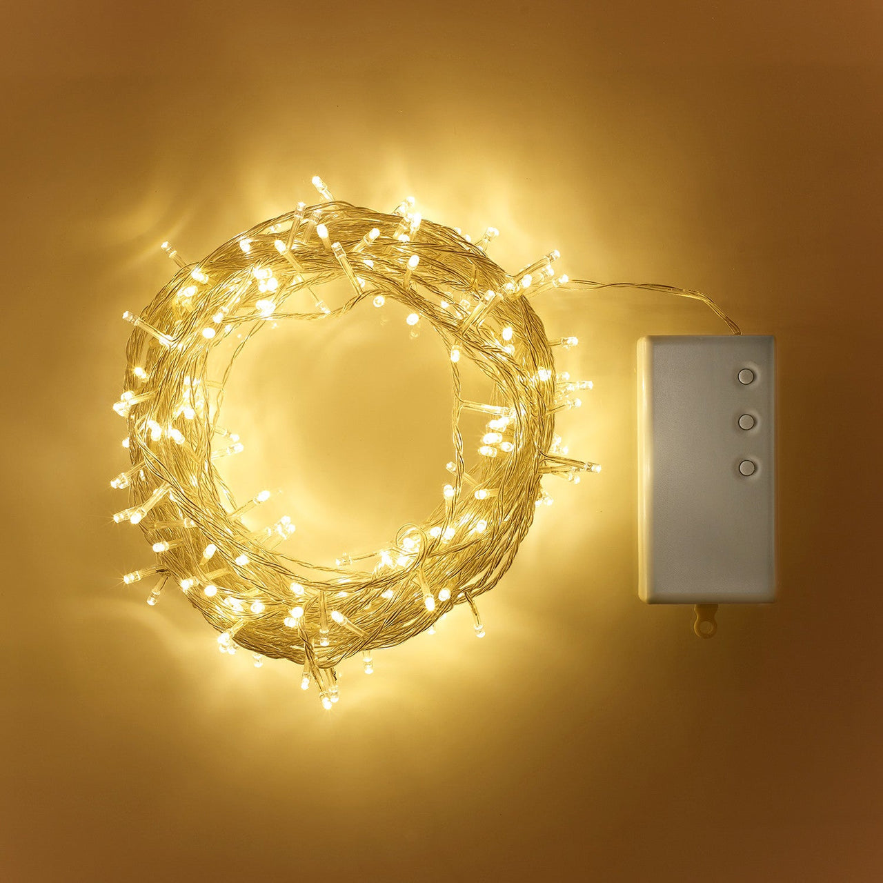 200 Warm White LED Outdoor Battery Fairy Lights On Clear Cable