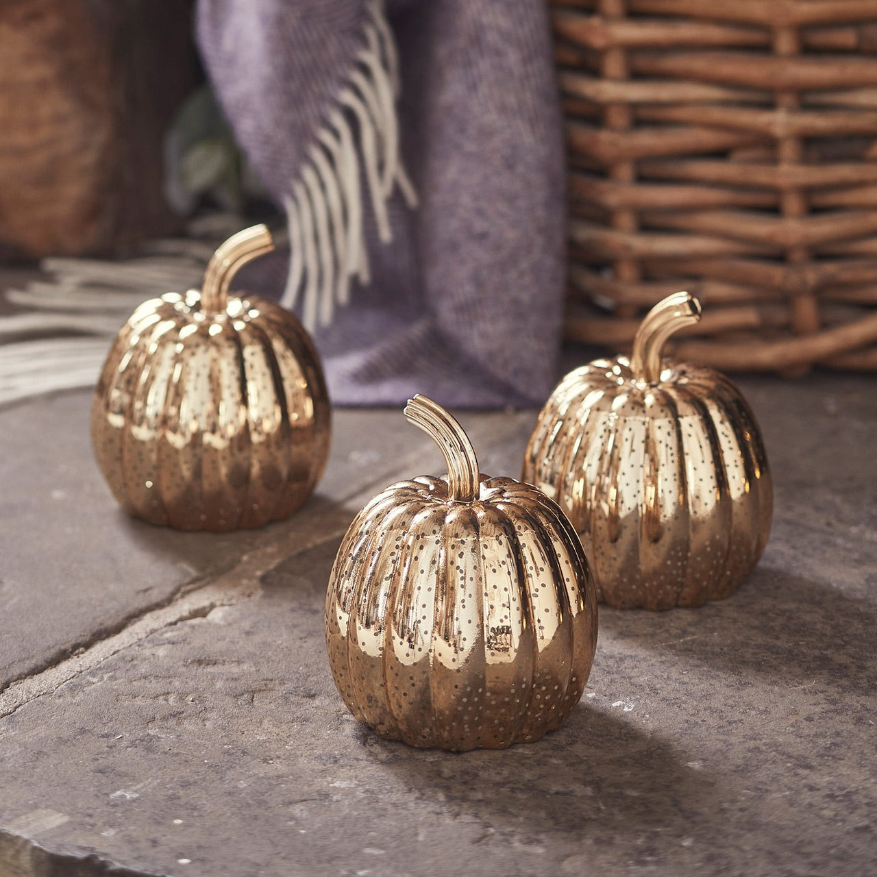 Brass Mottled Glass Pumpkin Trio