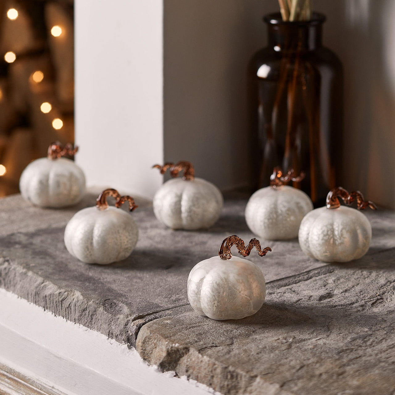 6 Mini Antique White Light Up Pumpkins