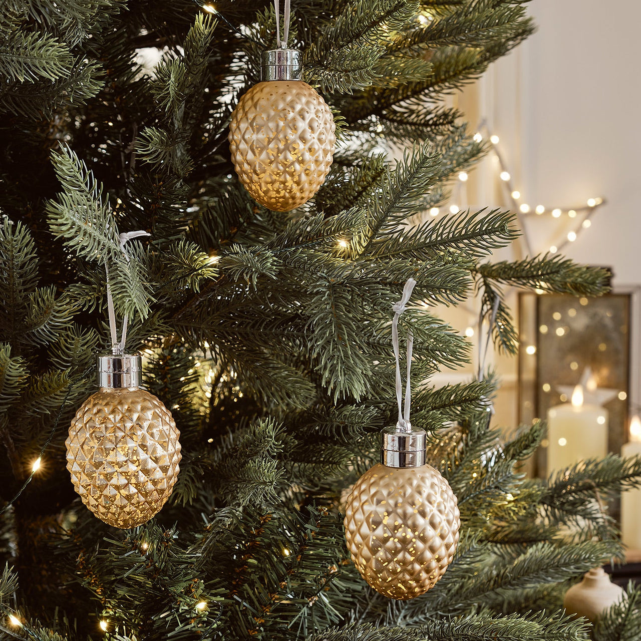 Antique Gold Pinecone Glass LED Christmas Bauble Trio
