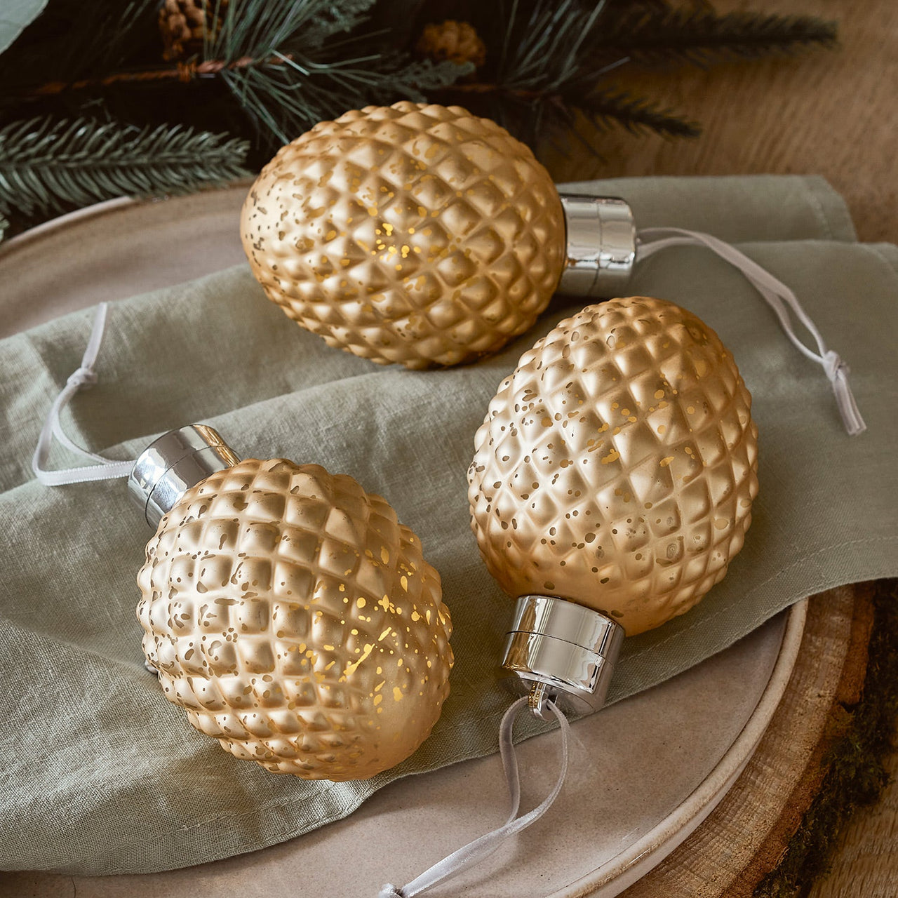 Antique Gold Pinecone Glass LED Christmas Bauble Trio