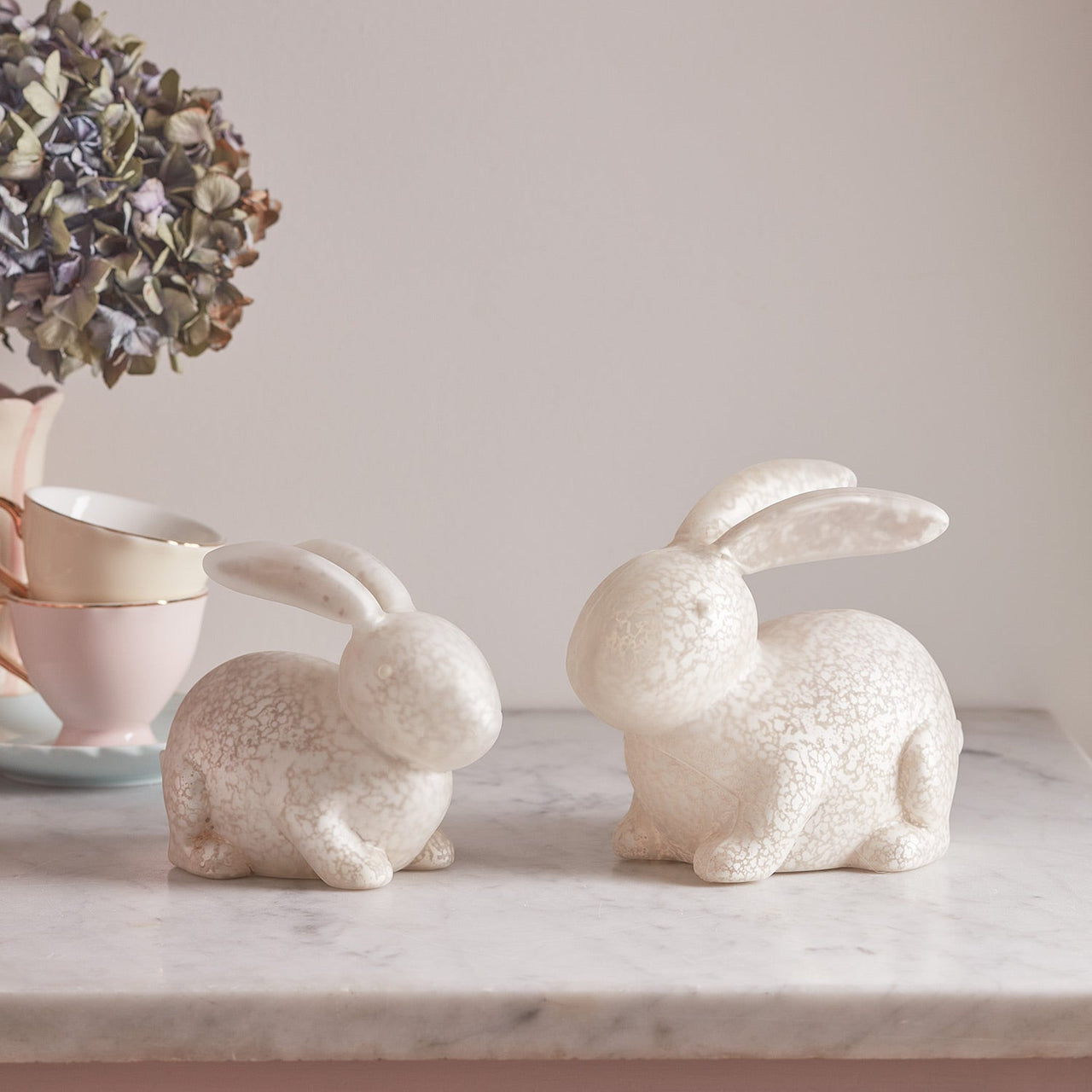 2 White Mottled Glass Bunny Easter Decorations