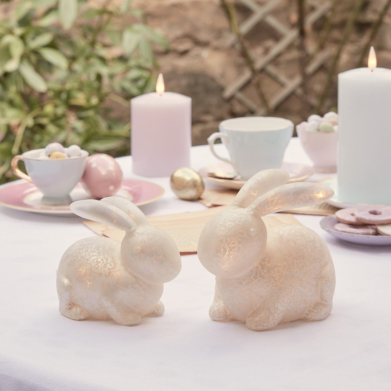 2 White Mottled Glass Bunny Easter Decorations