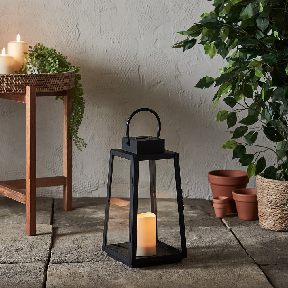 Eliza Trapeze Black Solar Lantern with Ivory Candle