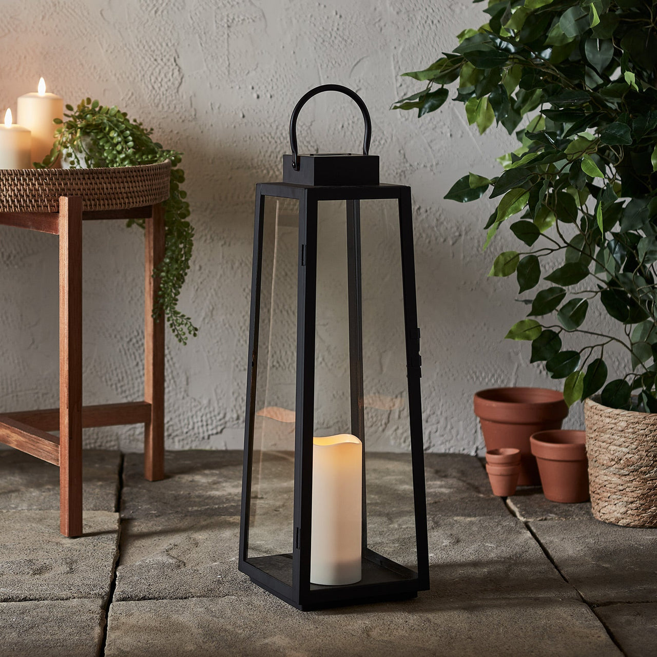 Eliza Large Trapeze Black Solar Lantern with White Candle
