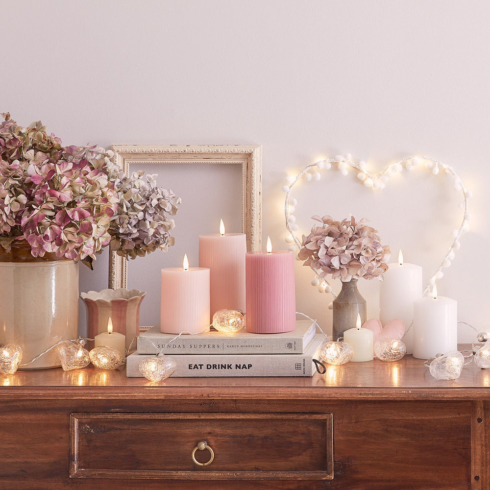TruGlow® Blush Pink Ribbed LED Pillar Candle Trio