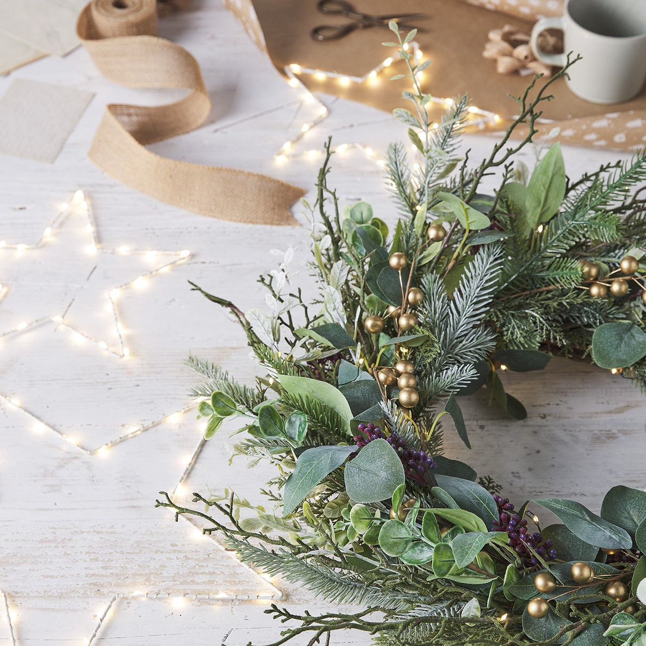 Eucalyptus, Pine & Gold Berry Christmas Wreath and Garland